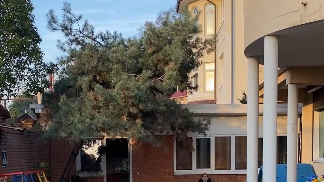 Здание центра и двор с площадкой